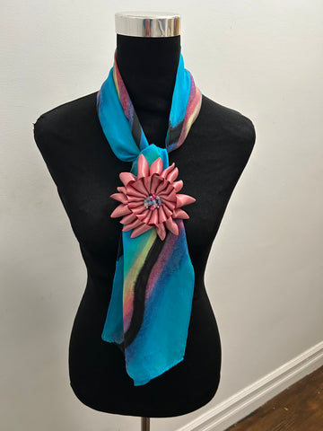 Set- vintage scarf in aqua  pink, and black with matching flower brooch in pink satin ribbon