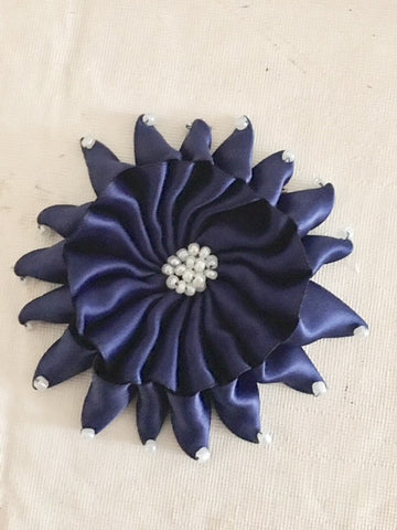 Large Navy Blue Ribbon Flower Brooch