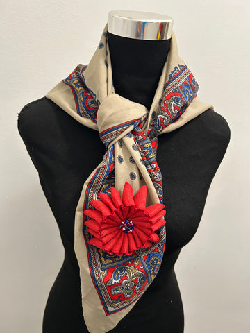 Set - Vintage scarf in red, white, and gray with matching flower brooch made of red ribbon