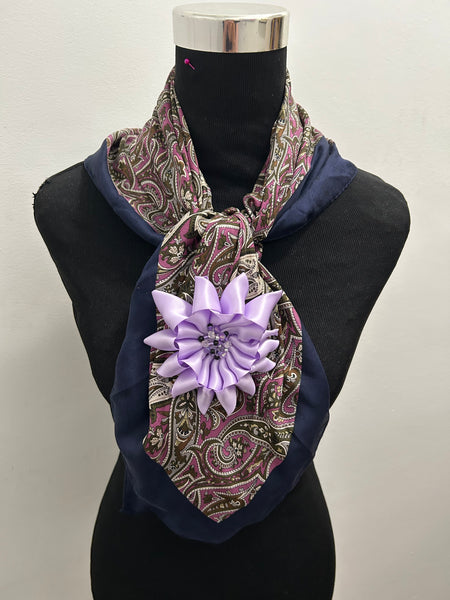 Set - Purple paisley vintage scarf and matching flower brooch in purple ribbon
