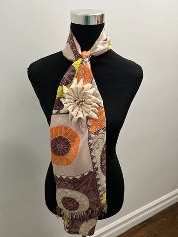 Multi-colored vintage scarf in ivory, orange and brown with matching flower brooch in ivory lace ribbon.