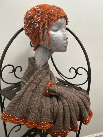 Set -  Gray knitted scarf with orange beaded border and matching orange  cloche  with pearl beads