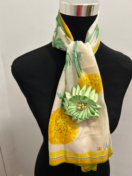 Set - Vera flowered scarf and matching green flower brooch made of ribbon