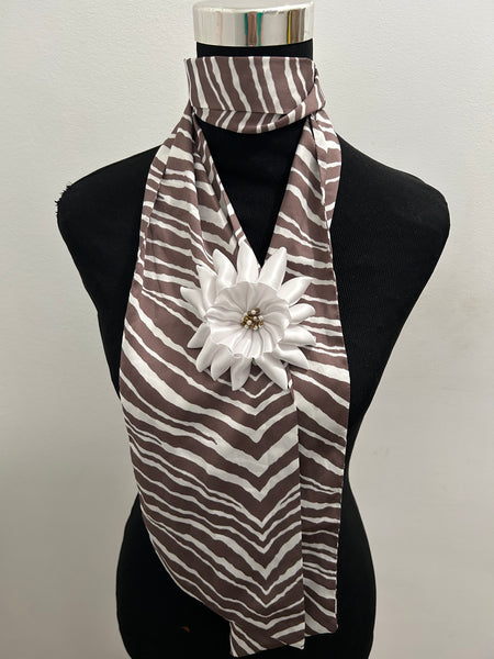 Set - Brown and white vintage scarf and matching white flower brooch