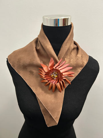 Set - Vintage scarf in brown with flower brooch made of orange  ribbon