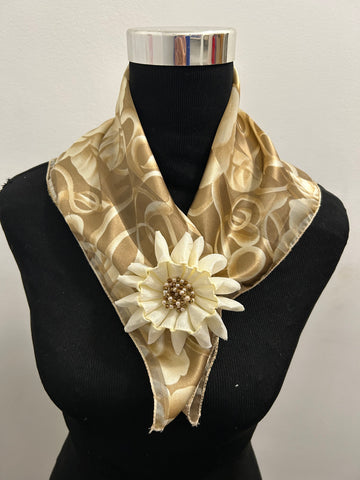 Set - Beige vintage scarf and matching white flower brooch