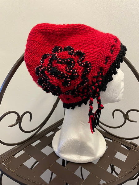 Set - Red and black knit scarf and matching red and knitted cloche