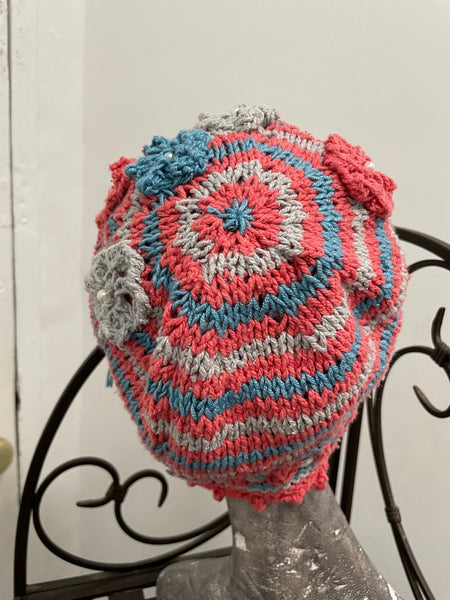 Knitted cotton and silk beanie in shocking pink,  bright blue and gray stripes