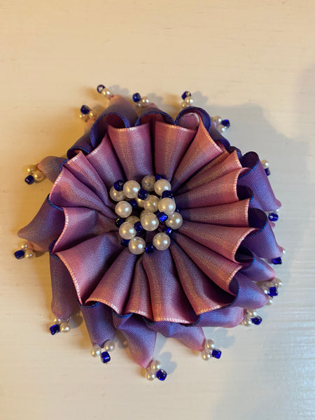 Large Purple and Pink Ribbon Flower Brooch