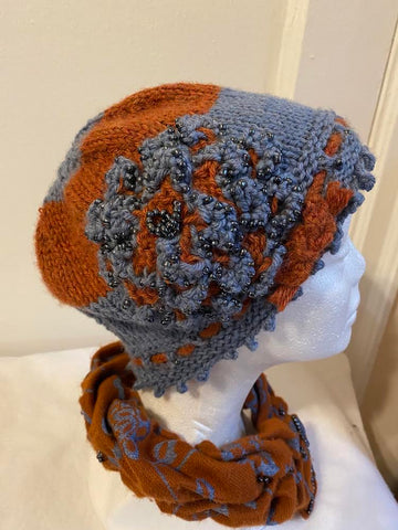 Set - Blue and orange fabric smocked cowl with matching orange and blue knitted cloche