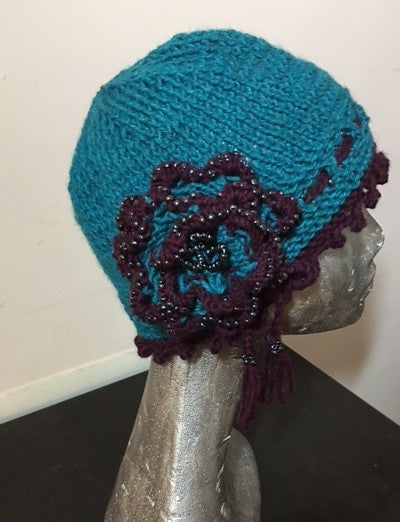 Set -Textured Pacific Blue and Purple Large Knitted Cowl and Matching Beaded Cloche