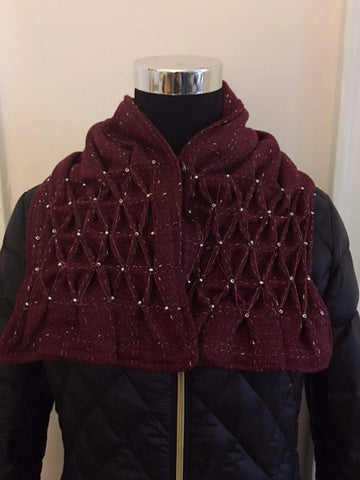 Smocked cowl in cranberry plaid wool with seed beads
