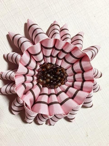 Large Pink and Brown Ribbon Flower Brooch