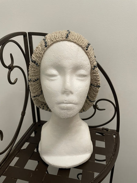 Knitted cotton and silk beanie in beige with black seed beads