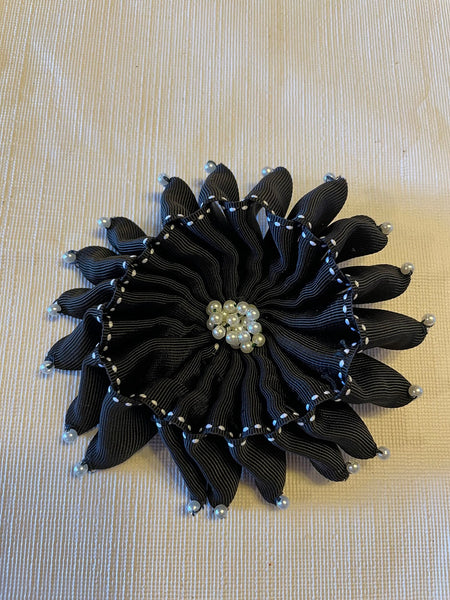 Large Black and White Ribbon Flower Brooch