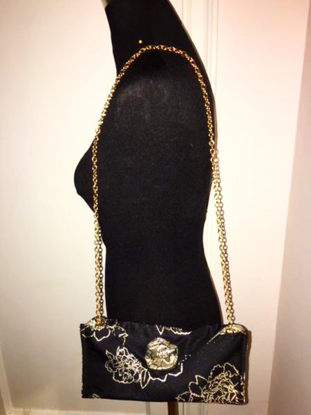 Clutch Bag for Evening in Black with Gold Roses