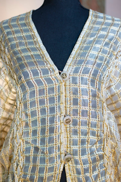 Gold Checked Silk Organza Long Jacket