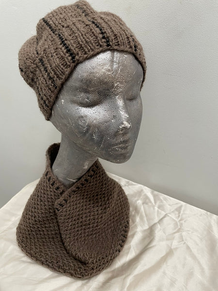 Set -  Gray knitted cowl and matching gray beanie with black seed beads