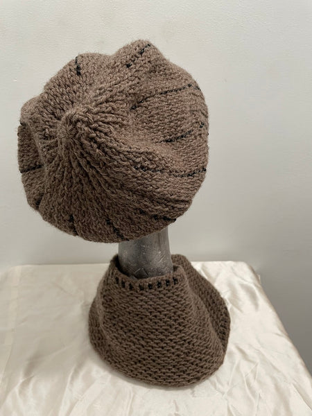 Set -  Gray knitted cowl and matching gray beanie with black seed beads