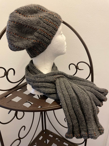 Set -  Gray knitted scarf and matching gray beanie with seed beads