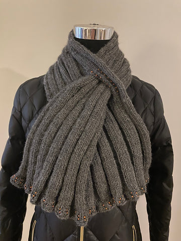 Gray knitted scarf with copper seed beads