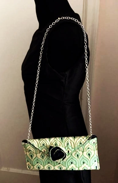 Green and White Fabric Clutch Bag