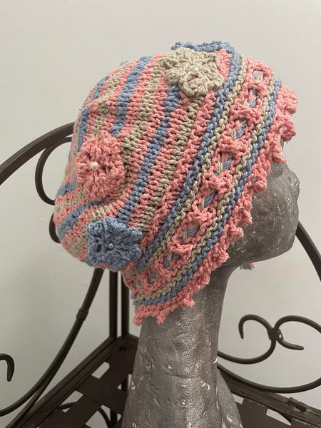Knitted cotton and silk beanie in pink, blue and beige stripes