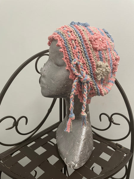 Knitted cotton and silk beanie in pink, blue and beige stripes