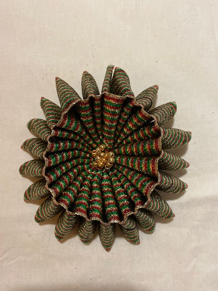 Large Flower brooch in Red, Green, and Gold Ribbon