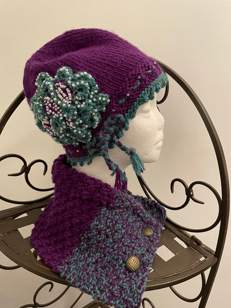 Set - Purple and green knitted cowl and matching purple and green knitted cloche