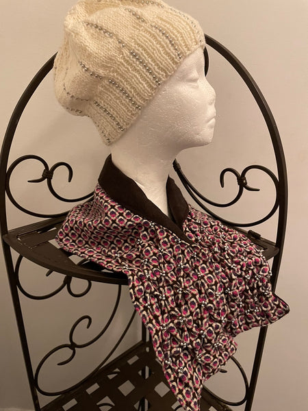 Set - Smocked cowl in pink, white and brown wool and matching knitted white wool beanie
