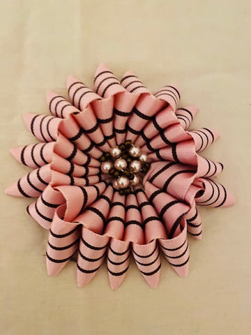 Large Pink and Brown Ribbon Flower Brooch