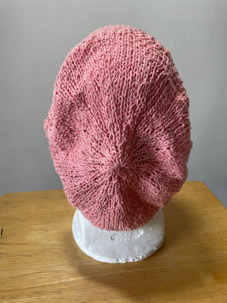 Knitted cotton and silk beanie in coral with glass seed beads
