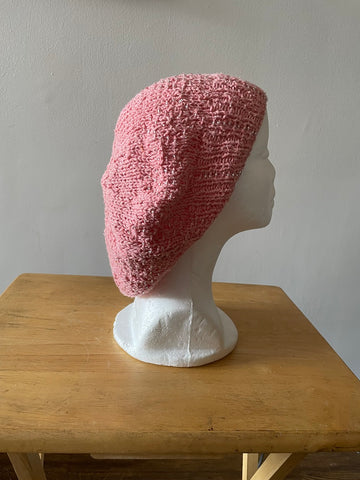 Knitted cotton and silk beanie in coral with glass seed beads