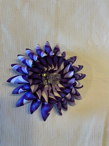 Large Flower brooch in Purple and White Geometric Patterned Ribbon