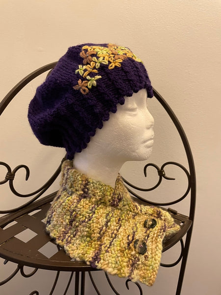 Set - Multicolored yellow and purple knitted cowl and matching purple knitted beret
