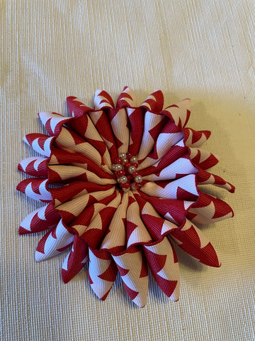 Large Flower brooch in Red and White Geometric Patterned Ribbon