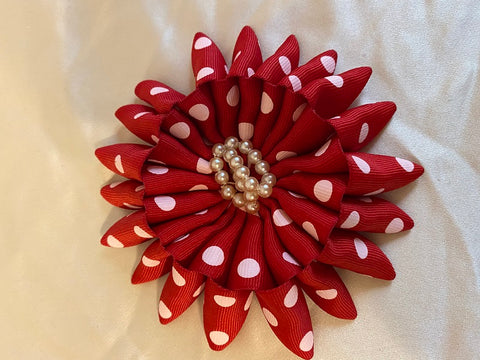Large Red Polka Dotted Ribbon Flower Brooch