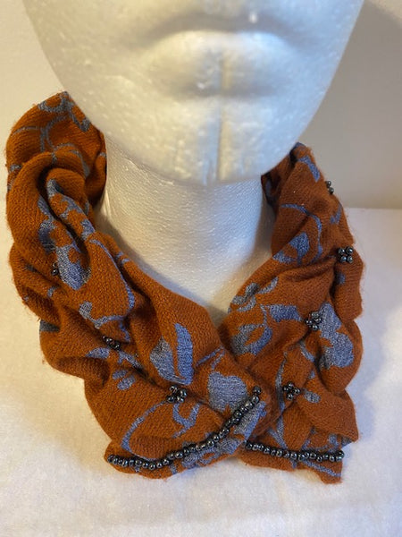 Smocked cowl in blue and orange wool