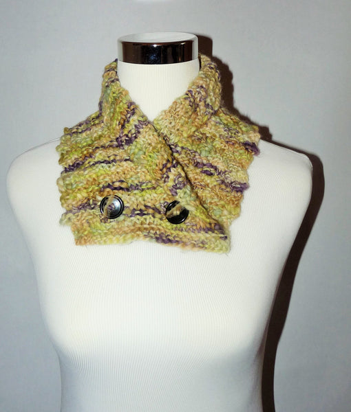 Knitted cowl in multi-colored yellow and purple wool